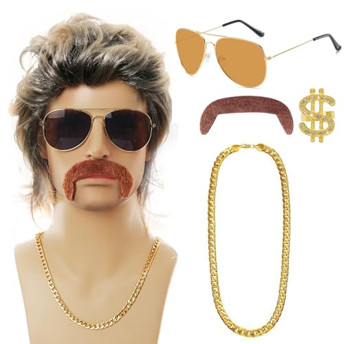 CXNXFD 5 Stück Disco Hippie Männer Kostüm Set Afro Perücke Sonnenbrille Halskette Schnurrbart Punk Gold Kette und Ring 50er 60er 70er 80er Jahre Kostümzubehör für Mottoparty Karneval Cospay von CXNXFD