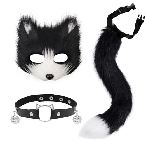 CXNXFD Fuchs Maske Schwänze und Katze Choker Set Cosplay Zubehör Tier Katze Fuchs Wolf Maske mit pelzigem Schwanz und verstellbare Katze Cosplay Requisiten für Ostern Karneval Maskerade Party Hallowee von CXNXFD