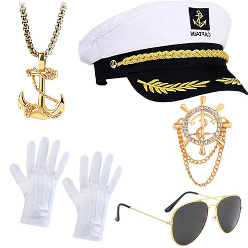 CXNXFD Kapitän Kostümzubehör-Set, Goldene Accessoires mit Kapitänsmütze, Anker-Anhänger, Steuerrad, Pfeife und Handschuhe，Erwachsene Frauen Männer Karneval Thema Party Cosplay Kapitän Hut von CXNXFD