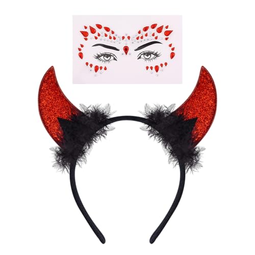 CXNXFD Karneval Teufel Hörner Glitter Tattoo Gesicht, Teufel Horn Haar Zubehör Stirnband, Männer Frauen Kinder Horn Kopfschmuck Teufel Zubehör Karneval Party von CXNXFD