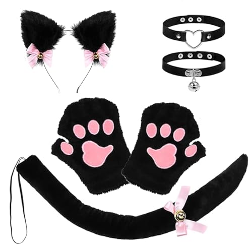 CXNXFD Katze Cosplay Kostüm Set Katzenohren Stirnbänder und Tierschwänze mit Plüsch Katzenpfote Handschuhe und Kragen Halsglocken für Tier Kostüm Party Dienstmädchen Lolita Cosplay Dress Up Karneval R von CXNXFD