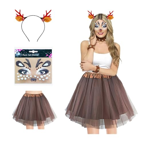 CXNXFD Rentierkostüm für Damen, Hirsch-Outfit-Zubehör, Tüllrock, Rentier-Gesichtsaufkleber, Halloween, Karneval, Weihnachten, Cosplay-Kostüm von CXNXFD