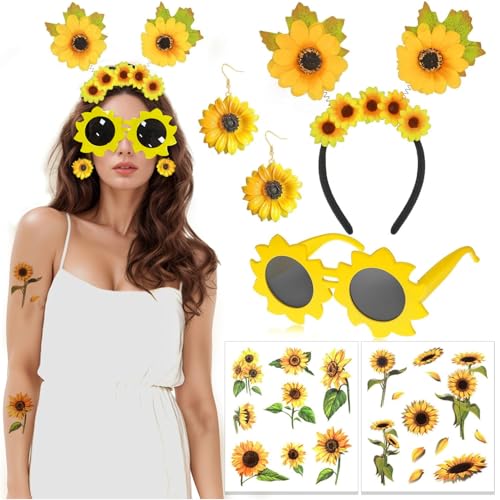 CXNXFD Sonnenblumen-Kostüm für Partys und Karneval,Sonnenblumen-Haarschmuck, Stirnbänder, Sonnenbrillen, Sonnenblumen-Tattoos für den Sonnenblumen-Karneval, Sonnenblumen-Kostüme von CXNXFD