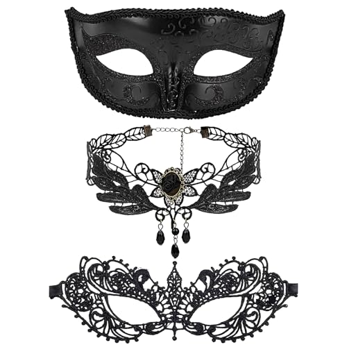 CXNXFD Venedig Maske Spitze Maske Kragen Halskette 3 Stück Set Gothic Quaste Schwarz Mystery-Frenzy Festival Party Kostümzubehör von CXNXFD