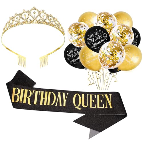 20 Stück Geburtstagskrone Schärpe Geburtstagsabzeichen Damen Sets,Geburtstag Mädchen Luftballons Schwarz Gold,Kristall Geburtstag Tiara Strass Kronen Schwarz Gold Schärpe,Für Geburtstag Deko von CYGMRFH