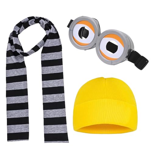 3 Stück Goggle Eyes Brille Und Gelber Hut,Schwarz Grau Gestreift,Stadium Scarf Gelbe Mütze,Mütze Schutzbrille,Für Weihnachten Halloween Festliche Party Kostüm,Fancy Dress Kostüm Adult Cosplay (B) von CYGMRFH