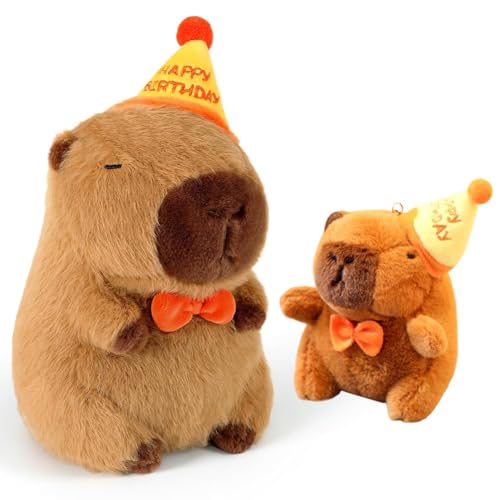 Capybara Plüschtier & Plush Keychain, Capybara Kuscheltier Stofftier mit Geburtstag Hut, Kawaii Capibara Puppenkissen Kissen Spielzeug, Niedlichen Plushie Geschenk für Kinder Jungen Mädchen 25cm Capybara Plüschtier & Plush Keychain, Capybara Kuscheltier Stofftier mit Geburtstag Hut, Kawaii Capibara Puppenkissen Kissen Spielzeug, Niedlichen Plushie Geschenk für Kinder Jungen Mädchen 25cm von CYGMRFH