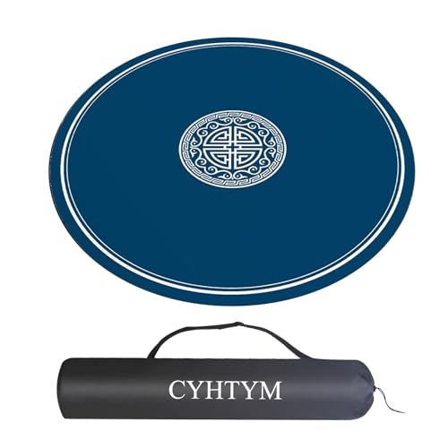 CYHTYM Mahjong-Matte im chinesischen Stil, rutschfeste, geräuscharme Gummi-Abdeckmatte, rundes Tischkissen mit Aufbewahrungstasche(Blue-1,120cm/47.2") von CYHTYM