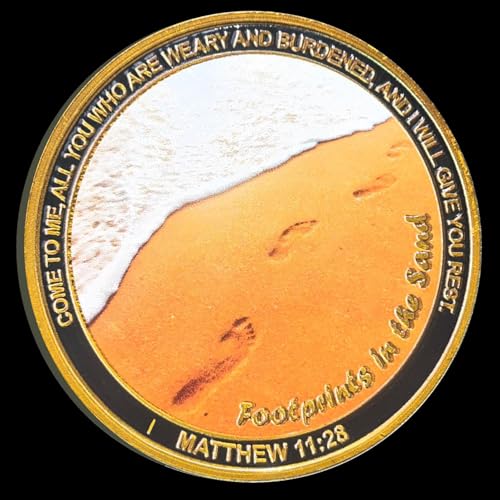 Christliche Herausforderungsmünze "Footprints in The Sand", Zinklegierung, 3,9 cm, inspirierendes Geschenk mit transparentem Etui, Matthäus 11:28 Vers von CYOUNG