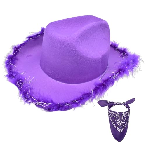 CYZJPRVN Damen Cowgirl Hut, Cowboy Hüte Flauschige Feder violett Cowboyhut mit violett Bandana, einfarbig pelziger Rand breite Krempe,für Kostüm Halloween Cosplay Dress Up Party Rollenspiel von CYZJPRVN