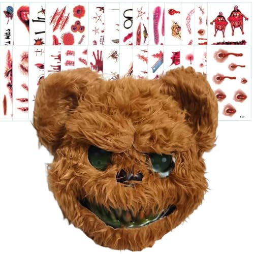 CYZJPRVN Halloween Maske Horror Bärenmaske, mit 30 Pcs Halloween Temporäre Tattoos, Grusel Maske für Erwachsene Kinder, Lustige Maske für Halloween Kostüm Karnevalsparty Cosplay Maskerade von CYZJPRVN