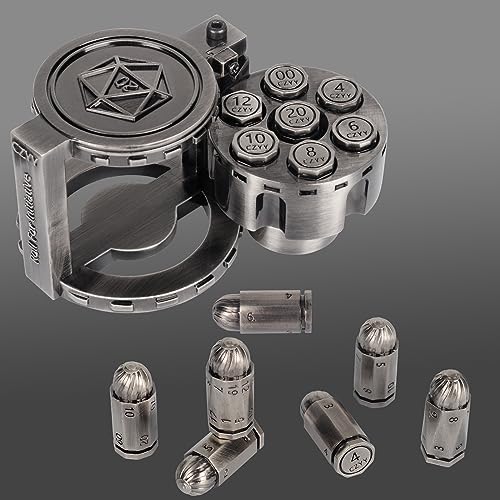 CZYY Polyedrische Würfel-Set aus Metall, mit drehbarem Revolver-Zylinderbehälter, Cyberpunk-Würfel für Warhammer 40 K, D&D, Sci-Fi, Krieg oder Kriminalität, Tischspiele, Silber, 7 Stück von CZYY