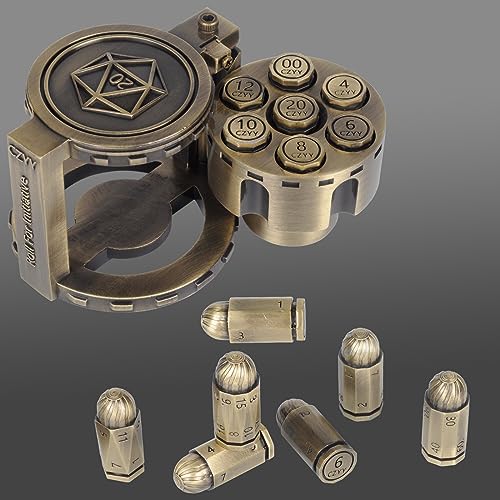 CZYY Polyedrische Würfel aus Metall, 7 Stück, mit drehbarem Revolver-Zylinderbehälter, Cyberpunk-Würfel für Warhammer 40K, D&D, Sci-Fi, Krieg oder Kriminalthema, Tischspiele (Bronze) von CZYY