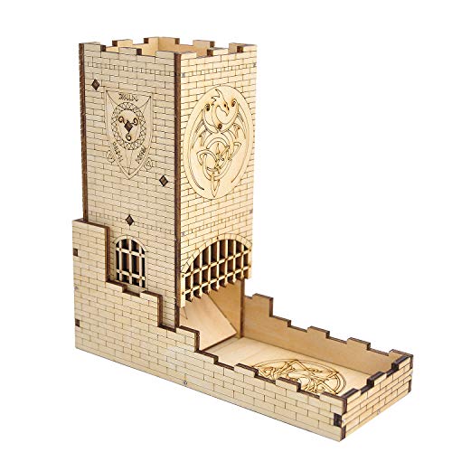 Castle Dice Tower mit Tablett Holzlasergeschnitten Drachen schnitzen einfache Roller perfekt für Brettspiel, D&D und RPG von CZYY