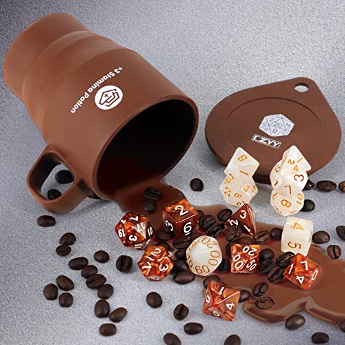 DND Coffee & Sugar Themed Dice Set (14 PCS) mit +3 Stamina Trank Silikon Becher zur Aufbewahrung, 7 Polyedrische Gaming Würfel für Dungeons and Dragons, Pathfinder und Tabletop RPG von CZYY