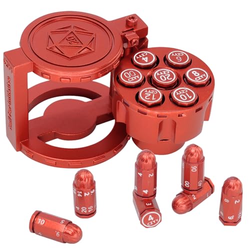 CZYY Polyedrische Würfel aus Metall, 7er-Set mit drehbarem Revolver-Zylinder-Behälter, Cyberpunk-Würfel für Warhammer 40K, D&D, Sci-Fi, Krieg oder Kriminalität, Tischspiele (rot) von CZYY