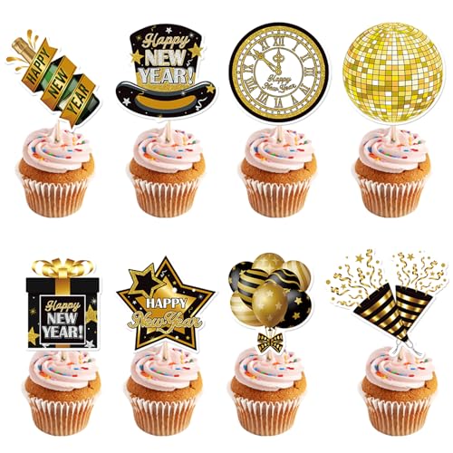 Happy New Year Cupcake Toppers Gold und Schwarz Cupcake Toppers Picks für Silvester Party Dessert Dekoration Supplies, 32 Stück von CZolden