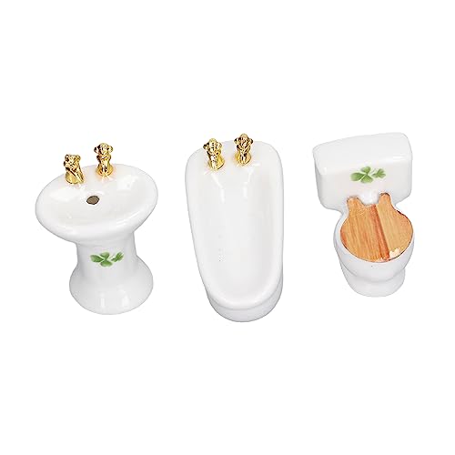 3-teiliges Miniatur-Badezimmer-Set aus Keramik, Simulation Badewanne, WC, Waschbecken, Badezimmermöbel, Grasmuster (4-blättriges Kleeblatt) von CaCaCook