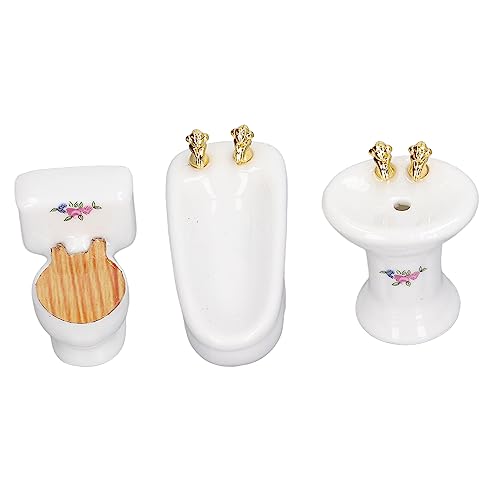 3-teiliges Miniatur-Badezimmer-Set aus Keramik, Simulation Badewanne, WC, Waschbecken, Badezimmermöbel, Grasmuster (Blumenform) von CaCaCook