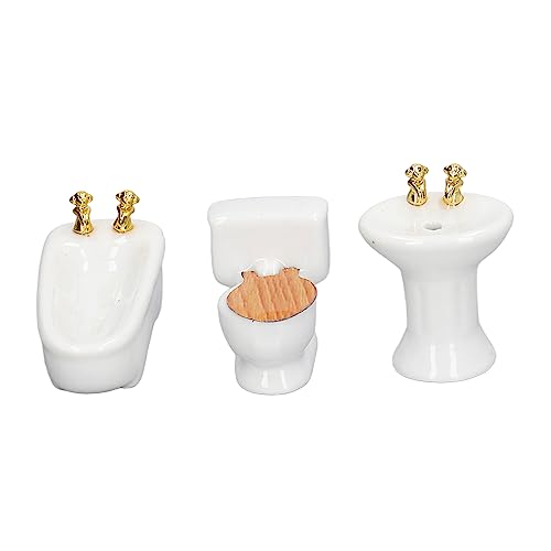 3-teiliges Miniatur-Badezimmer-Set aus Keramik, Simulation Badewanne, WC, Waschbecken, Badezimmermöbel, Grasmuster (Weiß) von CaCaCook