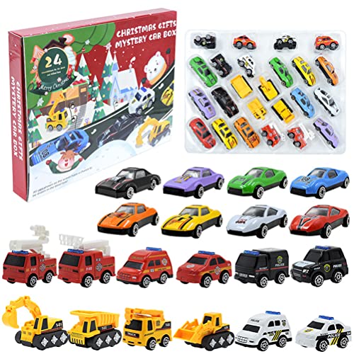 CaCaCook Weihnachts-Adventskalender-Spielzeugauto-Set, 24-Tage-Countdown-Fahrzeuge für, Rückzugsautos mit Polizeiauto, Feuerwehrauto, Krankenwagen, Pädagogisches Lernspielzeug, (Wie in von CaCaCook