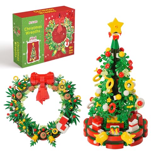 2 in 1 Weihnachtsbaum und Kranz Bauset, Schöpfer Bauspielzeug Set, tolle Familienaktivität oder Urlaubsdekoration, Geschenk für Weihnachten, Bauset für Erwachsene, kompatibel mit Lego (648PCS) von Cabagii