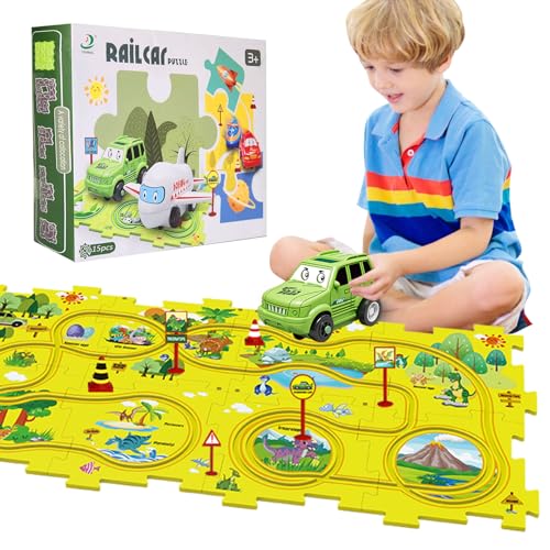 Puzzle spielzeugauto, Puzzle-Schienen mit Fahrzeugen Spielzeug, Pädagogisches Spielzeug Autorennbahn Spielset für Kinder ab 3 Jahren(Dinos,15pcs) von Cabeeskii