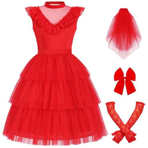 CA045M Damen-Brautkostüm für Erwachsene, rotes Hochzeitskleid, Halloween-Kostüm, Gothic-Kostüm, Cosplay, Outfit mit Kopfschmuck, Spitzenhandschuhen von Cabeny