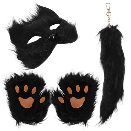 Cabilock 1 Set Wolf Fuchsschwanz Kunstohr Stirnband Pfotenhandschuhe Set Plüschmaske Flauschige Pfotenhandschuhe Halloween Weihnachtsfeier Für Mädchen Frauen Schwarz von Cabilock