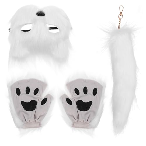 Cabilock 1 Set Wolf Fuchsschwanz Kunstohr Stirnband Pfotenhandschuhe Set Plüschmaske Flauschige Pfotenhandschuhe Halloween Weihnachtsfeier Für Mädchen Frauen Weiß von Cabilock