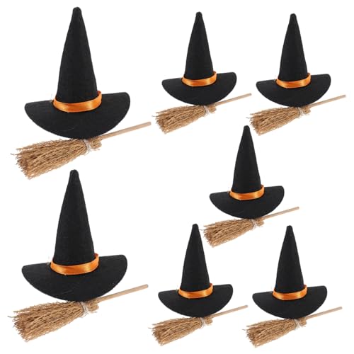 Cabilock 7Er Set Halloween Hexenhut Set Aus Filz Winziger Besenhut Miniatur Hexenhut Hexenhüte Geschnitzte Henkel Hexenbesen Hexenhüte Zum Basteln Mini Puppen Hüte Zum Basteln von Cabilock