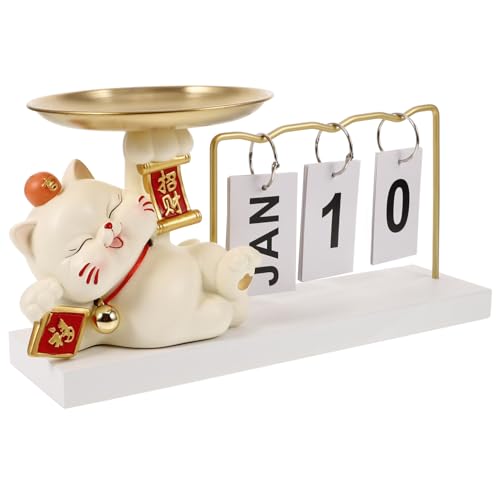 Cabilock Glückskatzen-Kalenderornament dekorative Wohnaccessoires Schweinchen Stehender Flip-Kalender holzdeko Geburtstagsgeschenk Schmuckschale Schmuckstück Display Schale hölzern Weiß von Cabilock