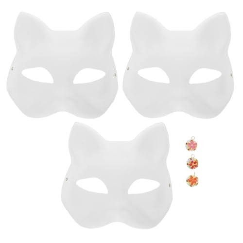 Cabilock Katzenmaske, 3 Sets Therian-Masken, weiße Katzenmasken, blanko, DIY, Halloween-Maske, Tier-halbe Gesichtsmasken mit Glocken, Maskerade, Cosplay-Party von Cabilock