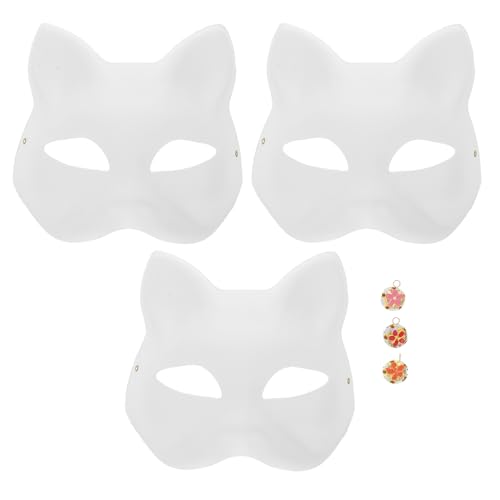 Cabilock Katzenmaske, 3 Sets Therian-Masken, weiße Katzenmasken, blanko, DIY, Halloween-Maske, Tier-halbe Gesichtsmasken mit Glocken, Maskerade, Cosplay-Party von Cabilock