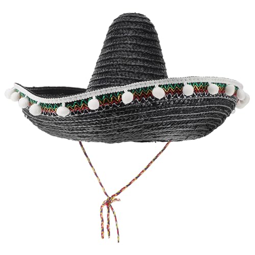 Cabilock Schwarzer Sombrero-Hut Mit Weißem Besatz Mexikanischer Strohhut-Sombrero Für Cinco De Mayo Halloween-Kostüm Mexikanisches Fiesta-Kostüm 40 Cm Schwarz von Cabilock