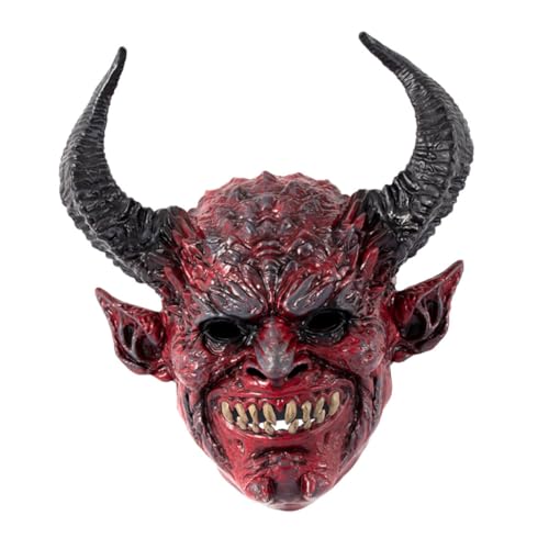 Cabilock Teufelshorn-Kapuzenmaske Teufel Kostüm Anti-Rutsch-Perücke Antibeschlagbrille Geistermaske Cartoon-Brille Cosplay-Maske Partymasken Teufelsmaske aus Horn Halloween-Hornmaske RP rot von Cabilock