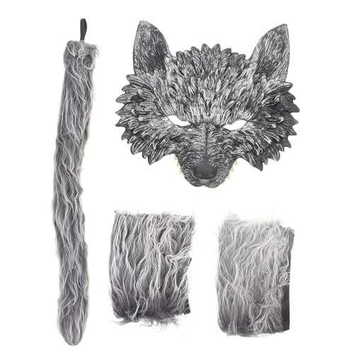 Cabilock Wolf-Kostüm-Set 1 Set Künstlicher Fuchsschwanz Wolf-Cosplay-Kostüm-Set Plüschmaske Flauschige Pfotenhandschuhe Halloween-Weihnachtsfeier Für Mädchen Und Frauen von Cabilock