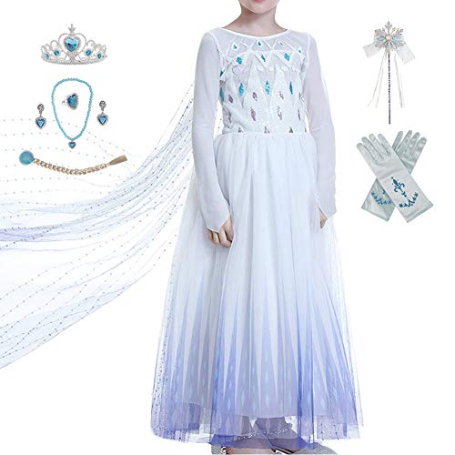 Cacilie Mädchen Prinzessin Kostüm Elsa Kleid Eisprinzessin Set aus Diadem, Handschuhe, Zauberstab, Perücke,Halskette,Ohrringe,Ringe,Weihnachten (Weiß Prinzessin kleid, 98-104) von Cacilie