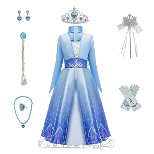 Cacilie Mädchen Prinzessin Kostüm Karneval Verkleidung Party Kleid Eisprinzessin Set aus Diadem, Handschuhe, Zauberstab, Perücke,Halskette,Ohrringe,Ringe (116-122, Blau prinzessinkleid) von Cacilie