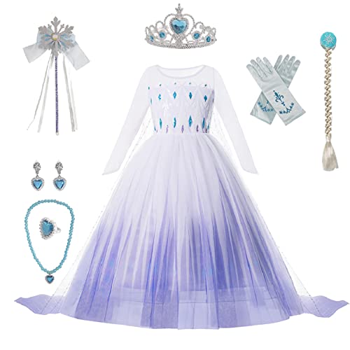 Cacilie Mädchen Prinzessin Kostüm Karneval Verkleidung Party Kleid Eisprinzessin Set aus Diadem, Handschuhe, Zauberstab, Perücke,Halskette,Ohrringe,Ringe (white, 116-122) von Cacilie