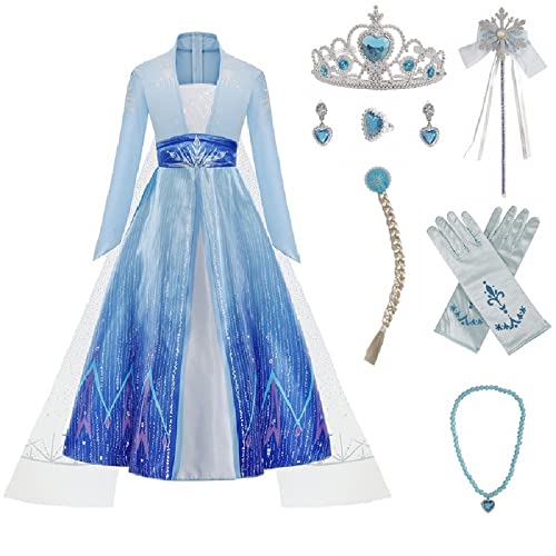 Cacilie Prinzessin Kleid Kostüm Mädchen Weihnachten Kostüm Karneval Party Halloween Party mit Krone Perücke. Halsketten, Ringe, Ohrringe, Handschuhe (Blau, 130) von Cacilie