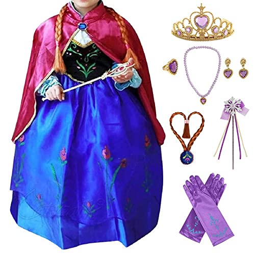 Cacilie Prinzessin Kostüm Mädchen Anna Kleid Eisprinzessin Set aus Diadem, Handschuhe, Zauberstab, Ohrringe,Ringe,Perücke,Halskette,Weihnachten (schwarz rose rot, 122-128) von Cacilie