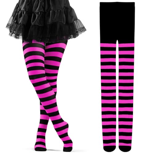 Cadimus Gestreifte Strumpfhose Damen,Rringel Leggings,Blickdichte Ringel Strümpfhose,Striped Tights，Perfekt für Cosplay, Kostümzubehör und Accessoires– Schwarz Rosa von Cadimus