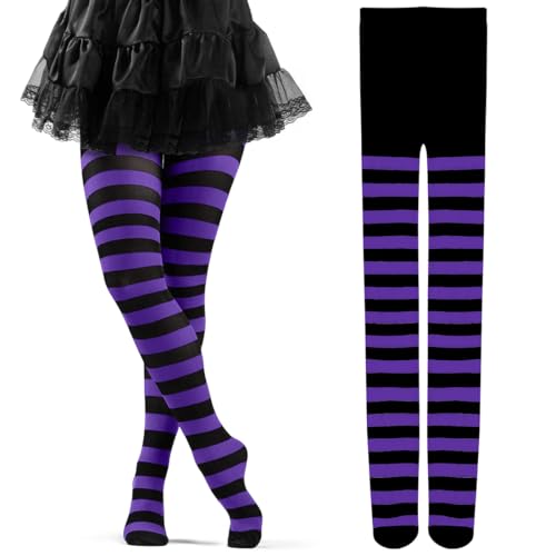 Cadimus Gestreifte Strumpfhose Damen,Rringel Leggings,Blickdichte Ringel Strümpfhose,Striped Tights，Perfekt für Halloween, Karneval oder Mottopartys– Schwarz und Lila von Cadimus