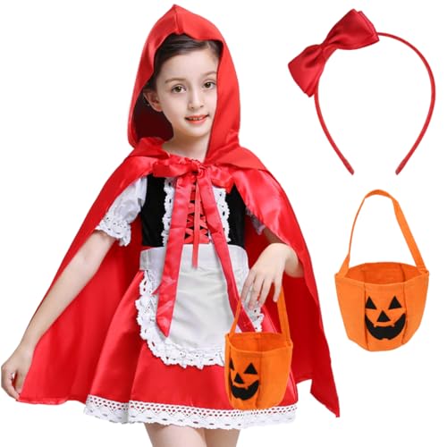 Cadimus Kostüm Rotkäppchen Mädchen 120, Halloween Kostüm, Kostüm Kinder Märchen, Faschingskostüm mit Rot Umhang Kleid Headband Kürbisbeutel, für Halloween Karneval Mottoparty Kostüm Party von Cadimus