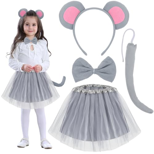 Cadimus Maus Kostüm Set Mädchen,Tier kostüm kinder mit Maus Ohren Haarreif Fliege Schwanz Tüllrock，Karneval, Cosplay,Dschungelparty,Mottoparty Tier Themen Accessoires für Mädchen von Cadimus