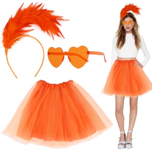 Cadimus Tüllrock Orange Damen,Orange Rock Damen mit Orange Feder Stirnband und Orange Herz Brille,Petticoat Orange,Tütü Damen Orange,Geeignet für Karneval, Maskeraden und Bühnenauftritte-B von Cadimus