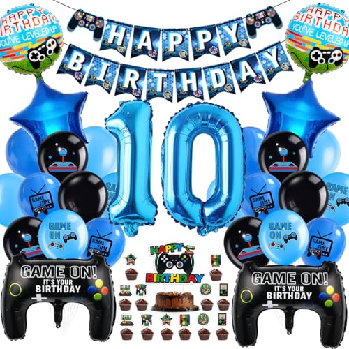 Cadimus Videospiel Geburtstag Deko,Gaming Luftballons 10,Ballons Deko 10 Jahre Junge,Geburtstag 10. Spielthemen Party,XXL Gaming Controller Folienballons,Luftballons Spiel Blau Schwarz von Cadimus