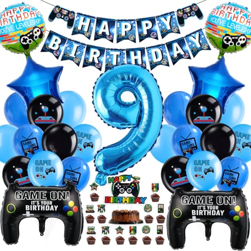 Cadimus Videospiel Geburtstag Deko,Gaming Luftballons 9,Ballons Deko 9 Jahre Junge,Geburtstag 9. Spielthemen Party,XXL Gaming Controller Folienballons,Luftballons Spiel Blau Schwarz von Cadimus