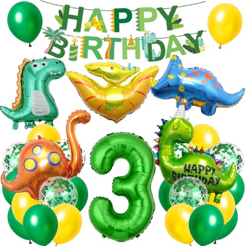 Dino Geburtstag Deko 3 Jahre, XXL Dinosaurier Deko Kindergeburtstag, Geburtstagsdeko Jungen 3 Jahre, Folienballon Dino 3 mit Happy Birthday Banner für Dinosaurier Party Kindergeburtstag von Cadimus